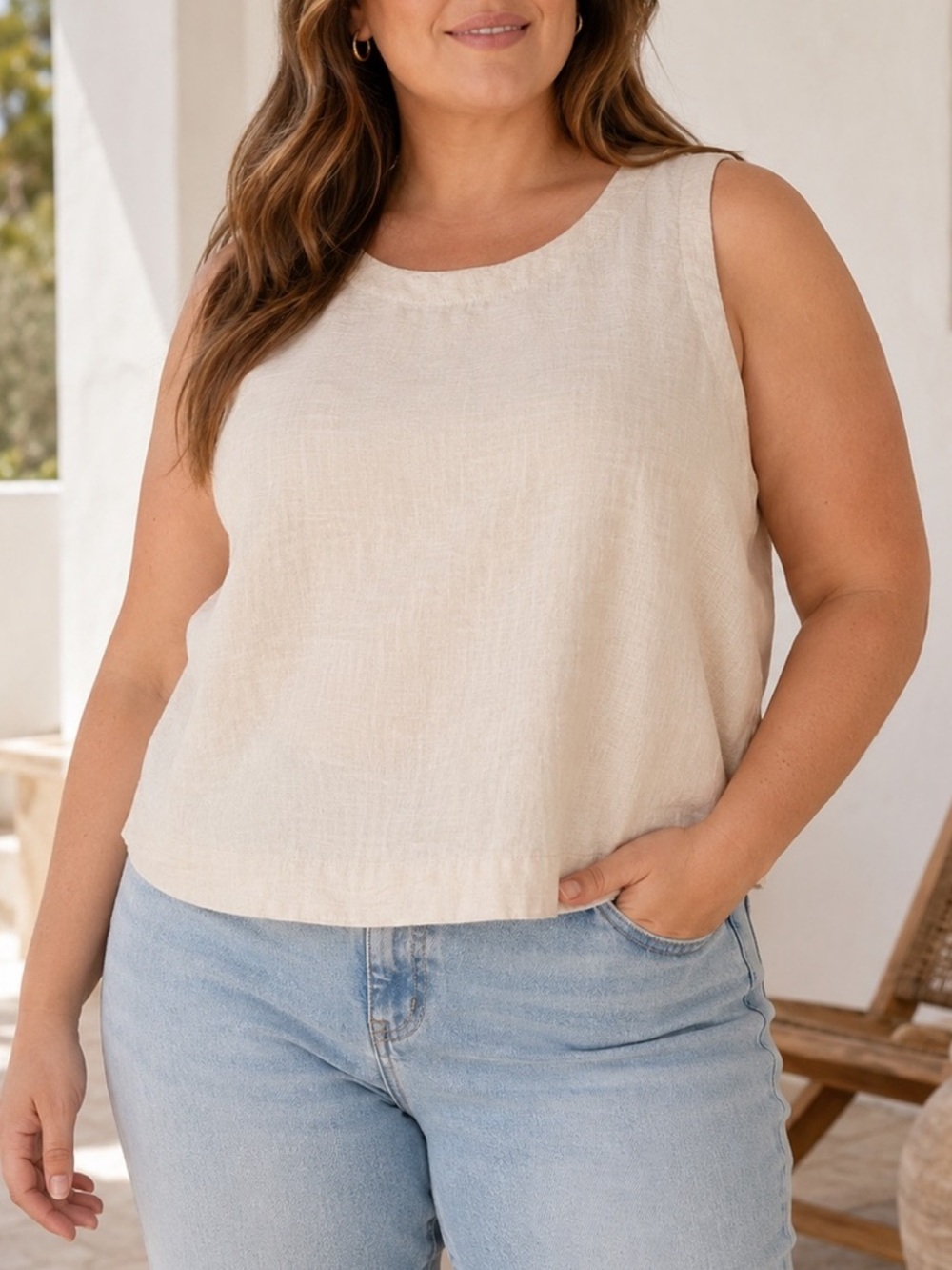 Reitmans Cream Linen-Look Button Back Top XL Breathable Summer Plus Size